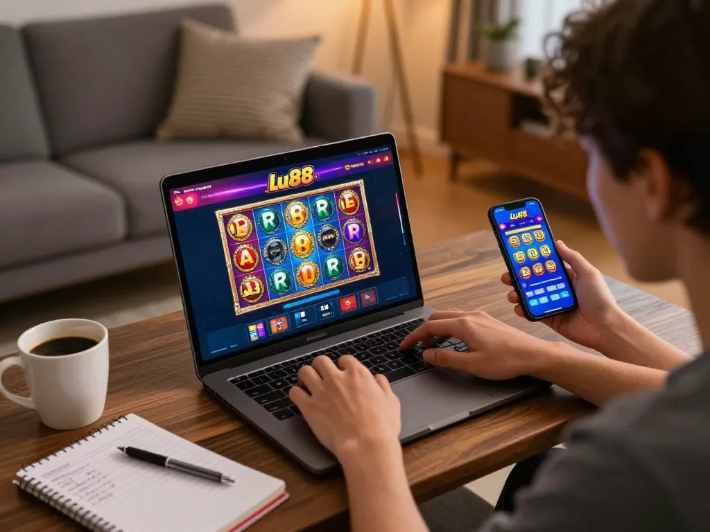 Player enjoying online gaming with Lu88 on laptop and mobile in cozy setting
