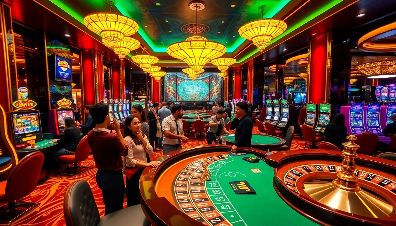 Gambling action at 13win casino with players enjoying table games and slot machines.