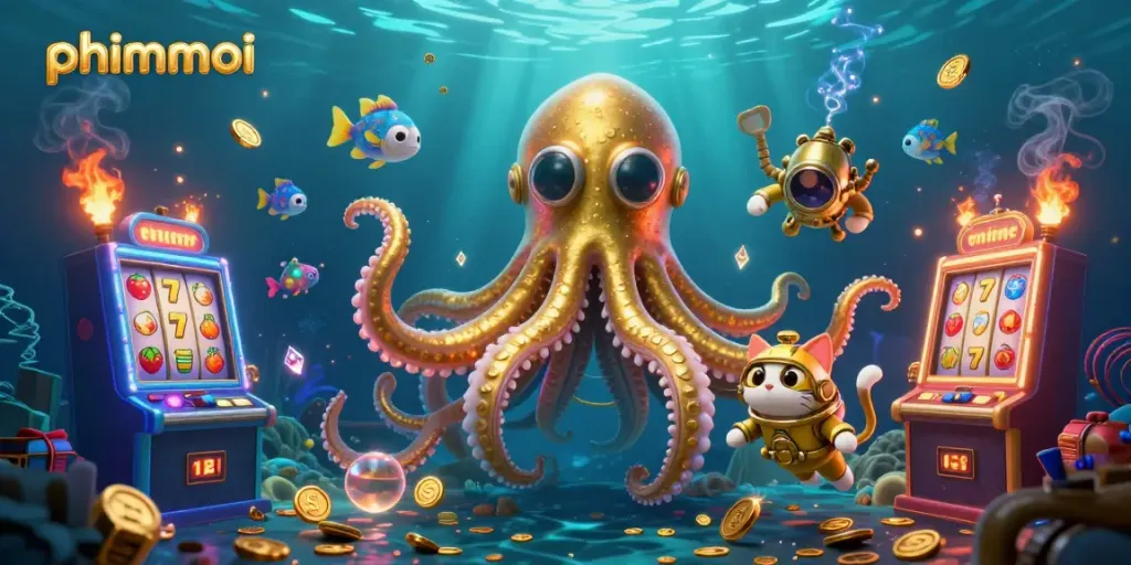 Engage with "phimmoi" through a thrilling underwater casino adventure, featuring a colossal kraken and a vintage diving cat.