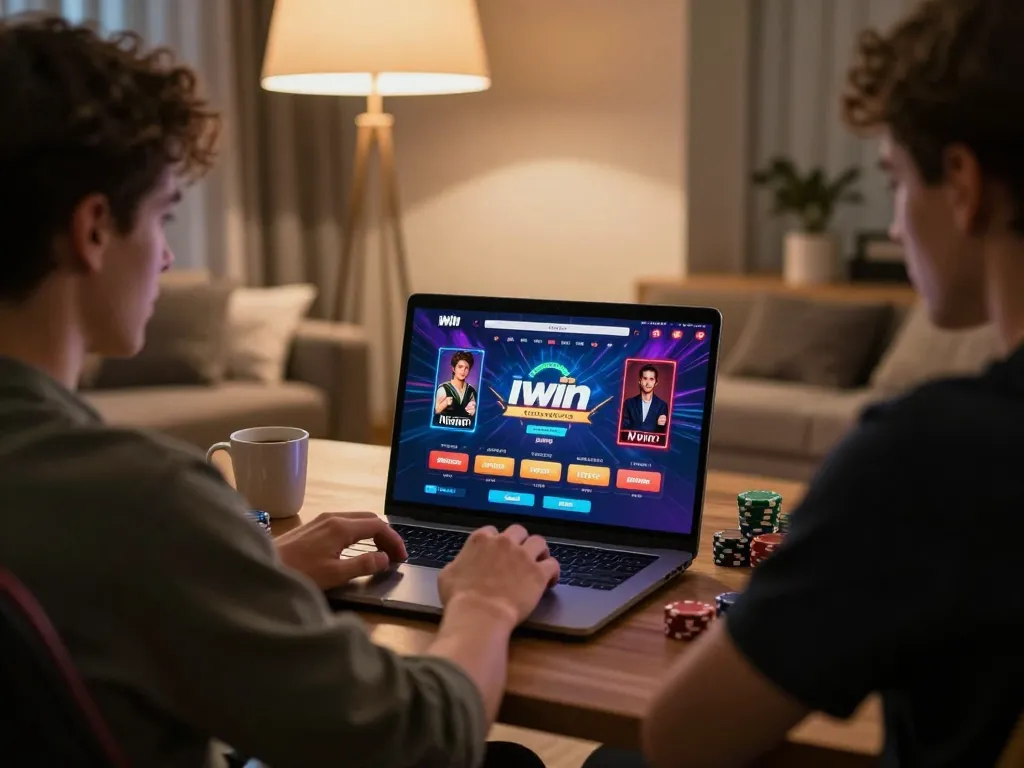 A player enjoying IWIN online casino games on a laptop in a cozy home setting, capturing focused gaming moments.