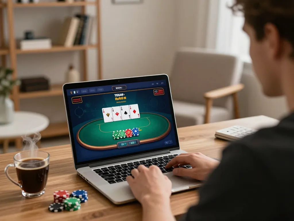 Playing an exciting online poker game on a laptop as part of the lu88yy experience in a cozy setup.