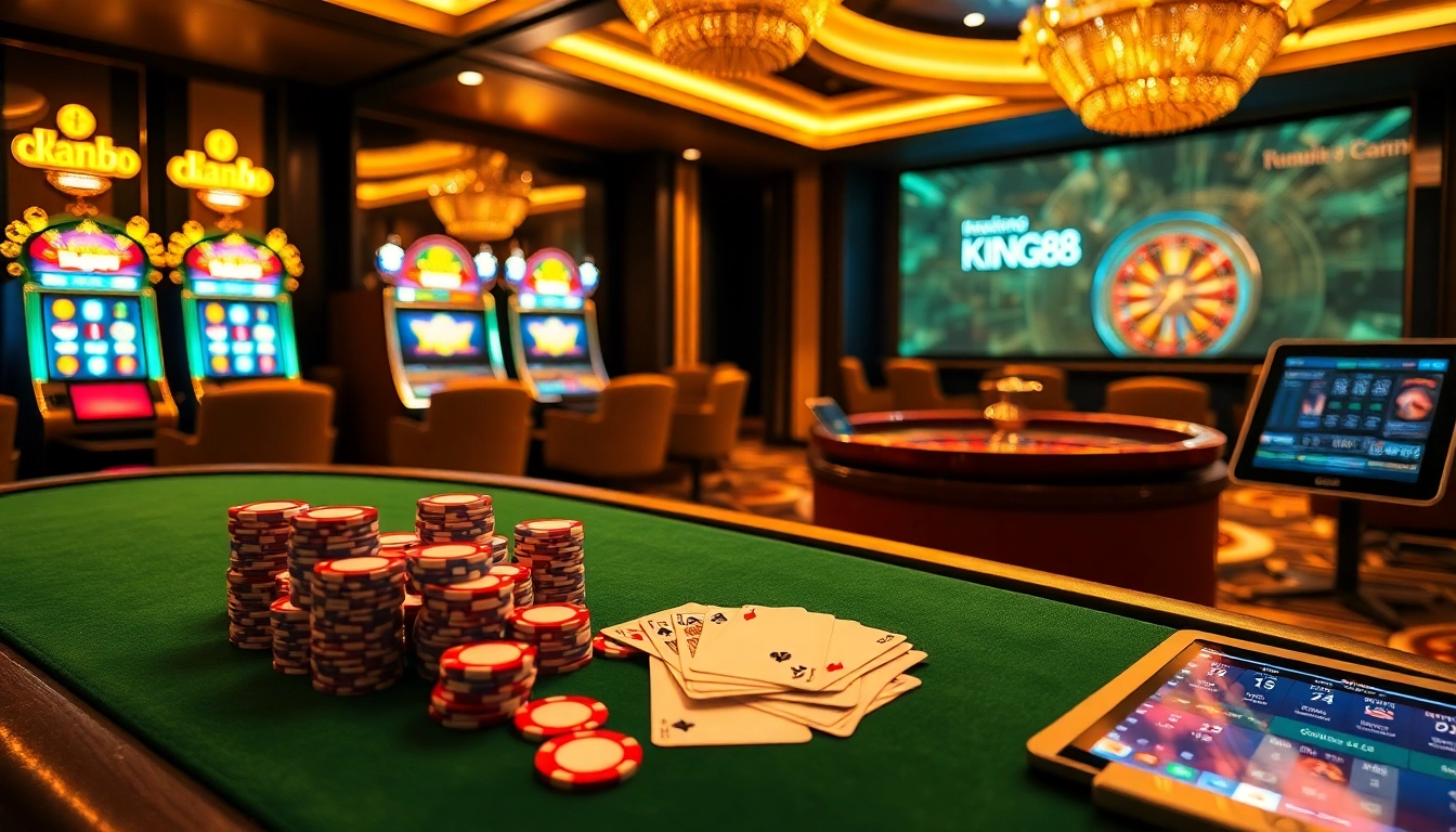 Experience the excitement of King88 with vibrant casino tables, colorful chips, and digital interfaces.