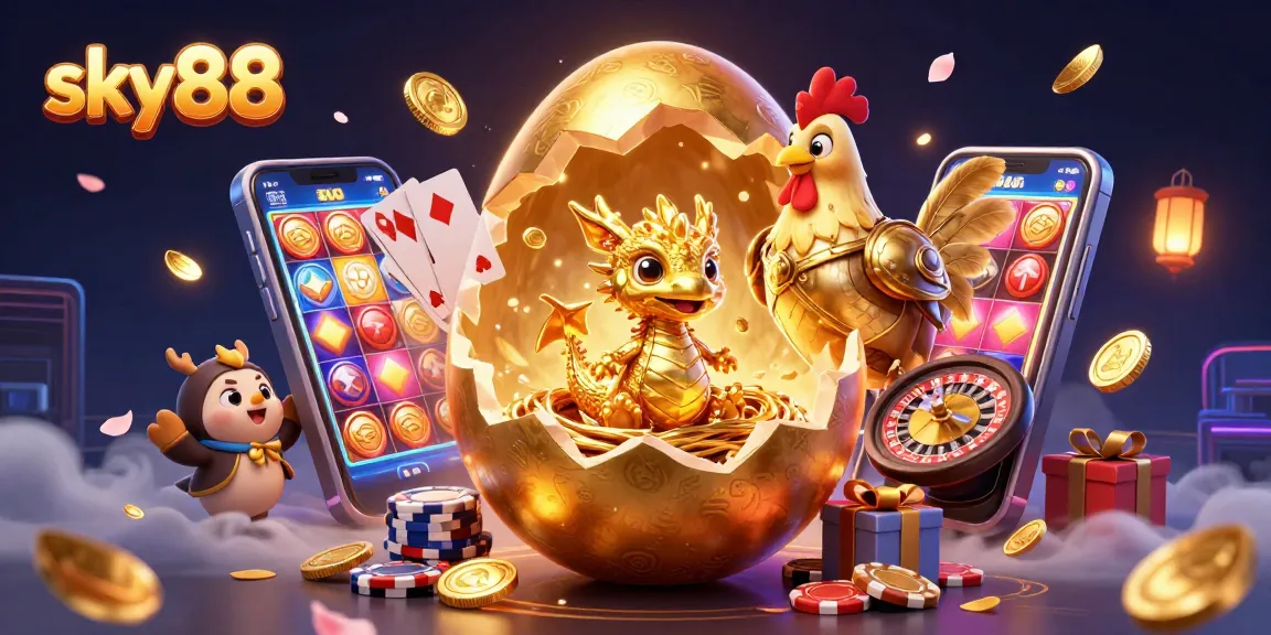 Engage with sky88's vibrant world of fun and fortune, featuring a dragon guarding poker chips.