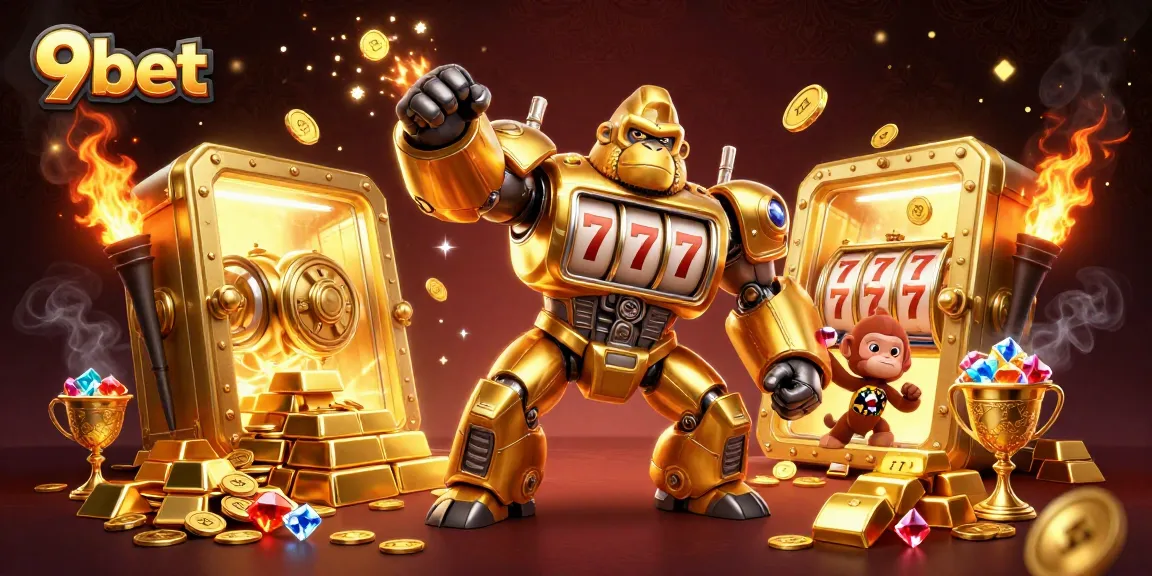Experience 9bet's exciting slot gaming with a dynamic 3D illustration showcasing winning symbols and golden treasures.