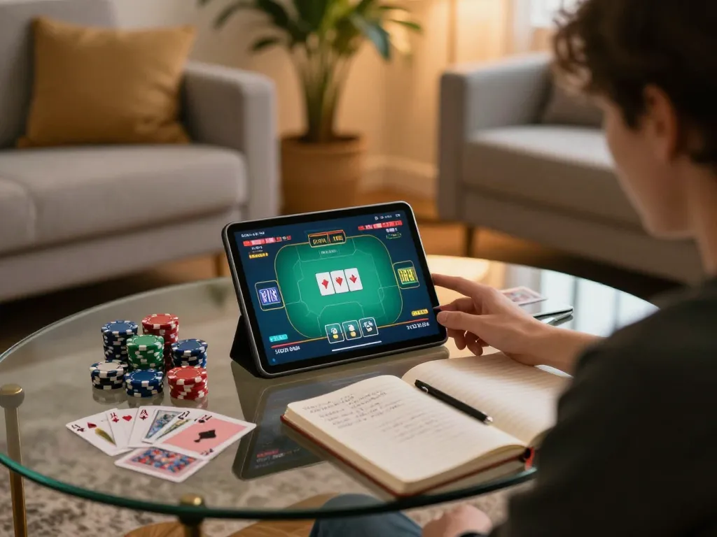 Engage with lucky88mobi in a cozy home poker game setup, enhancing your gaming strategy.
