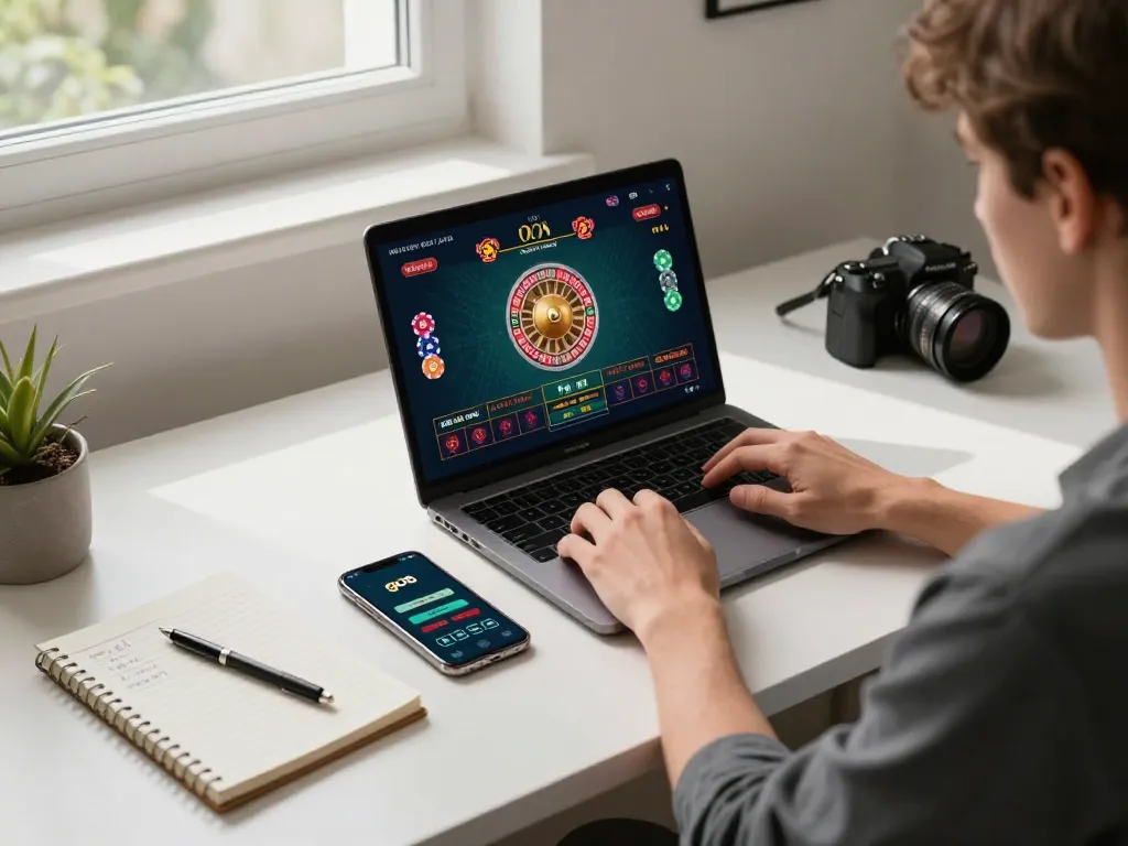 Engaging in live casino gameplay with go8 interface displayed on laptop, showcasing online gambling strategies.