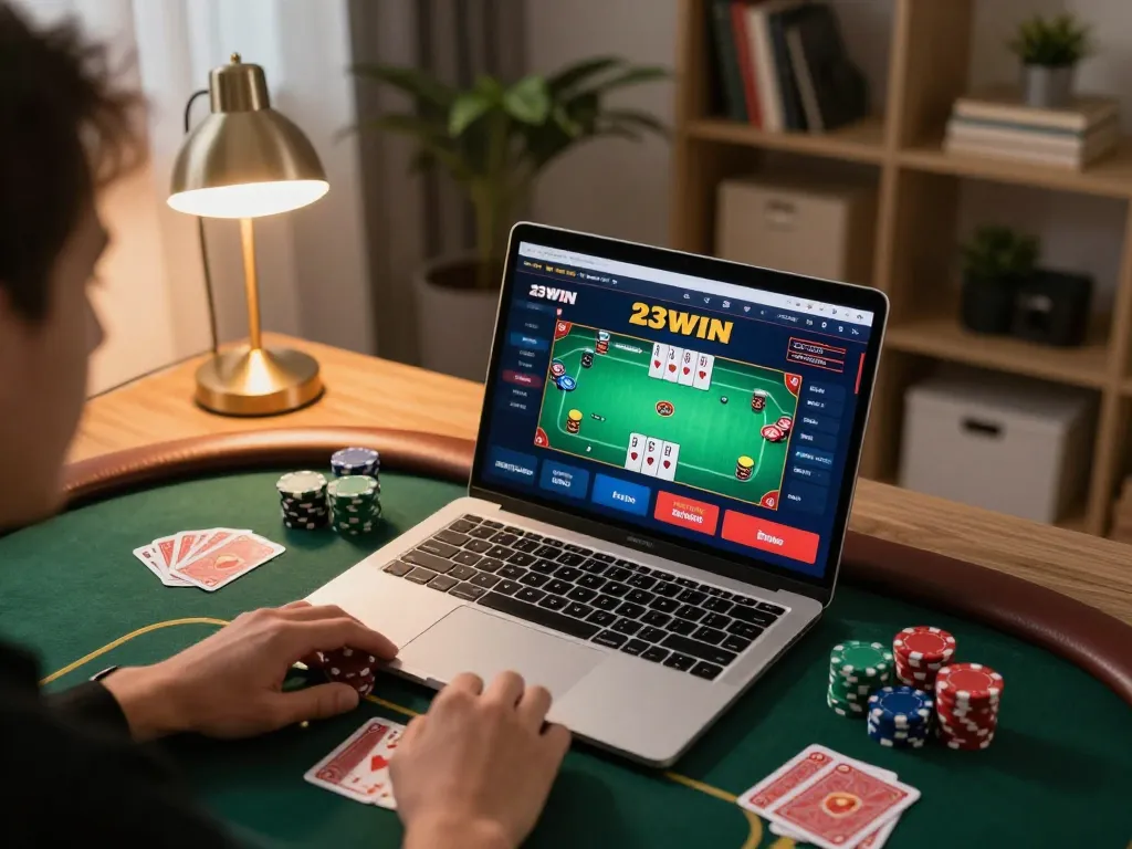 Engaged player on 23WIN laptop playing poker, chips and cards in action