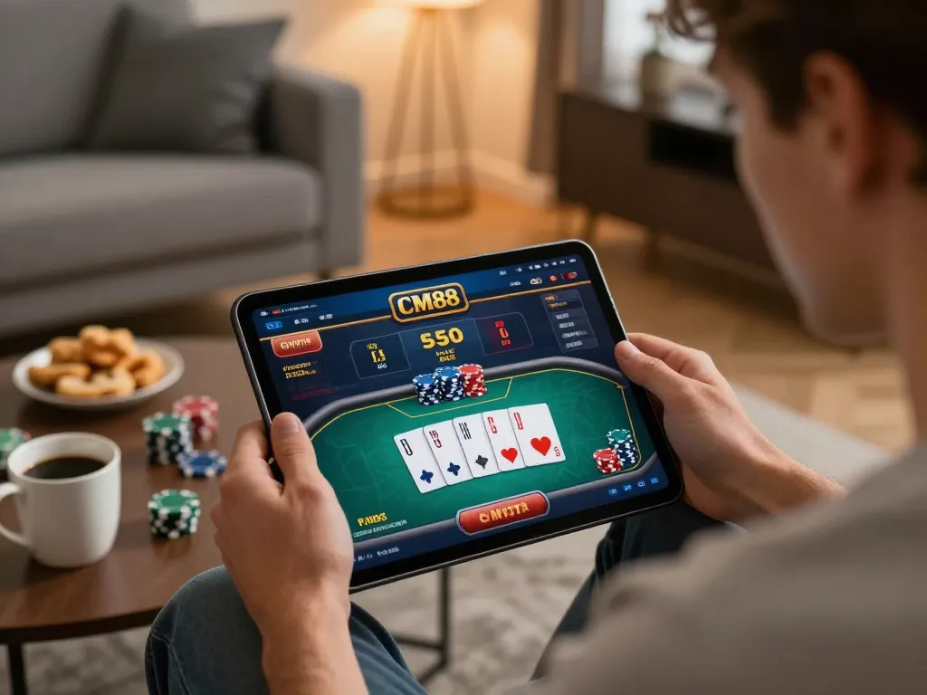 Player engaging with CM88 online casino on tablet, emphasizing strategic poker gameplay.