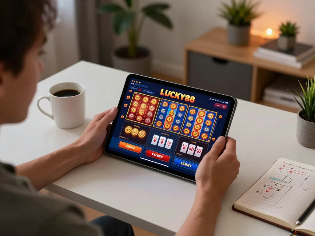 Engaging gameplay on LUCKY88 casino app, with strategy notes on a stylish desk.