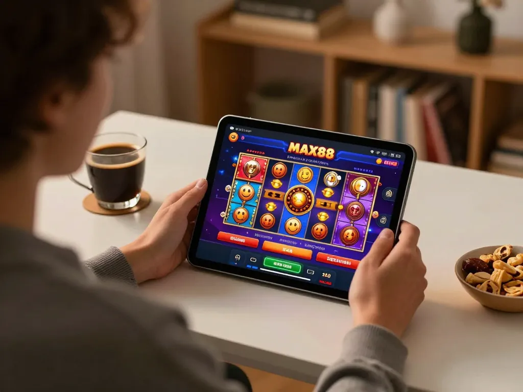 Player engaging with the MAX88 app in a cozy home environment for online casino gaming.