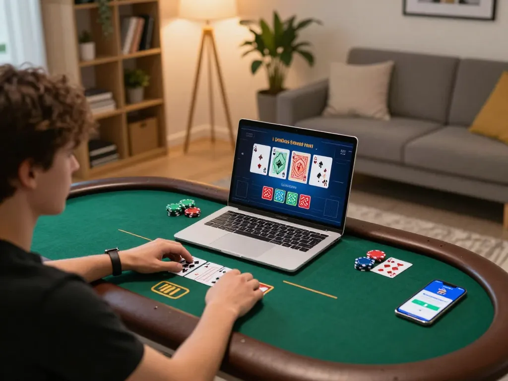 Person using laptop for online poker, showcasing vin88sa gaming strategies in a cozy setting