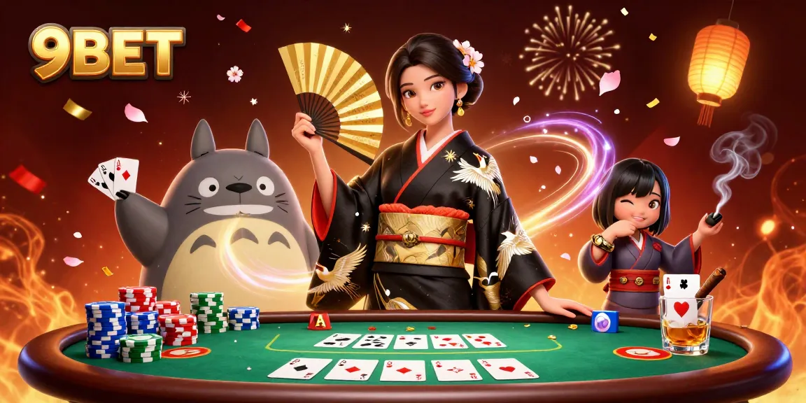 Experience vibrant gaming excitement with 9BET's colorful casino scene featuring poker elements and festive celebration.