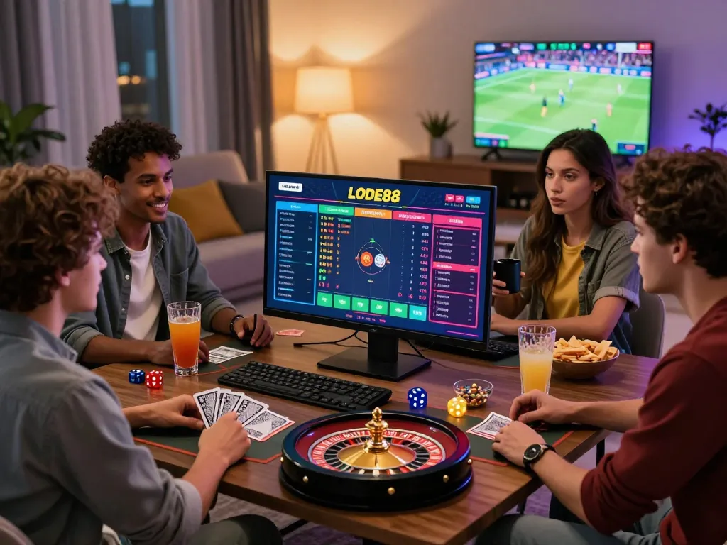 Exciting LODE88 online gambling scene with friends engaging in live betting.