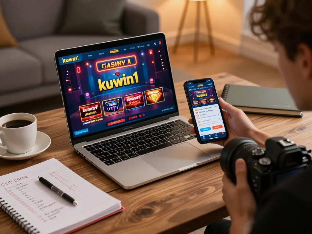 Engaging online gambling experience on kuwin1 app with laptop and smartphone.