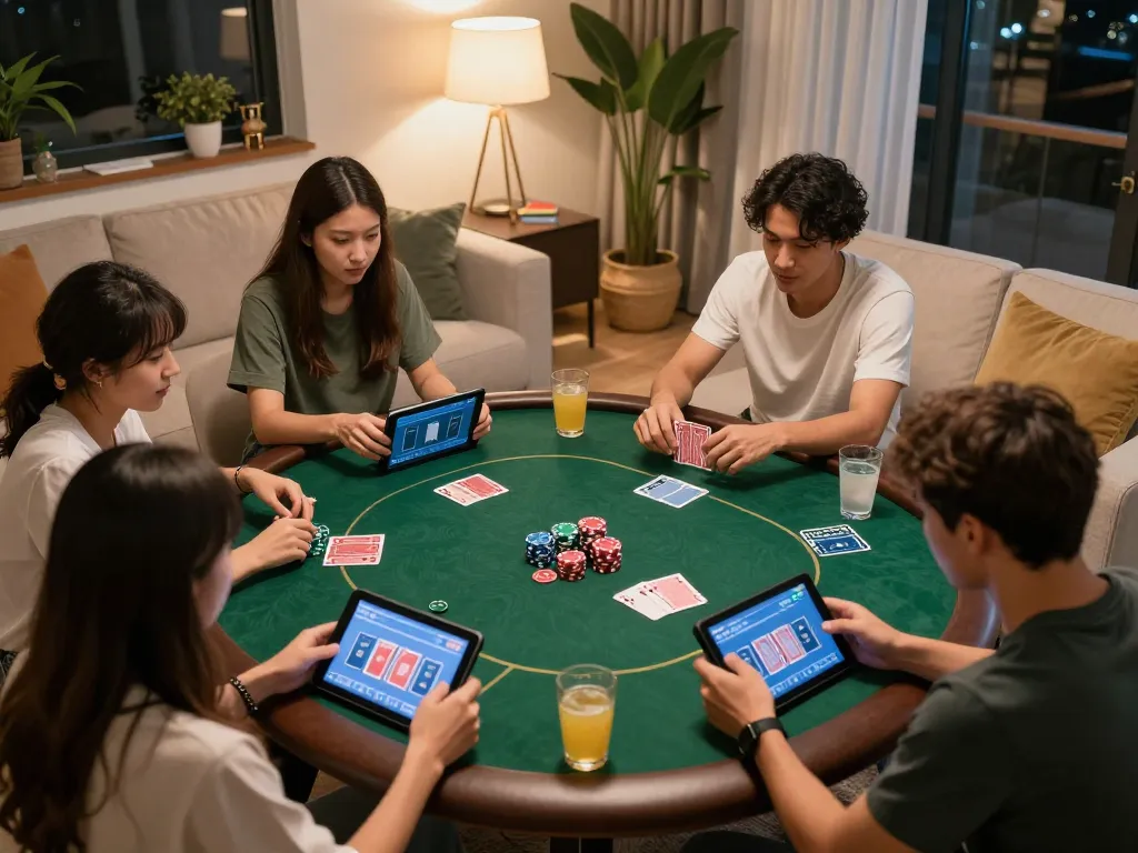 Players enjoying online poker at cm88.com amidst cozy home decor