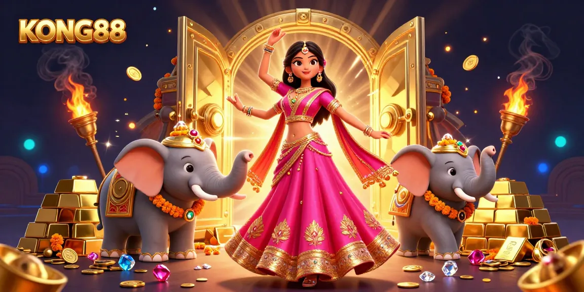 KONG88 offers an exciting casino atmosphere with gems, gold, and vibrant characters dancing.