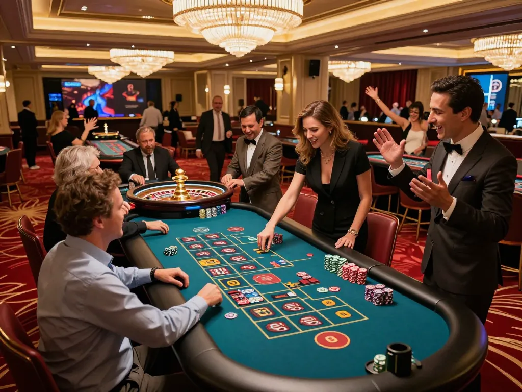 GO8 players enjoying a thrilling moment at a roulette table in a luxurious casino.
