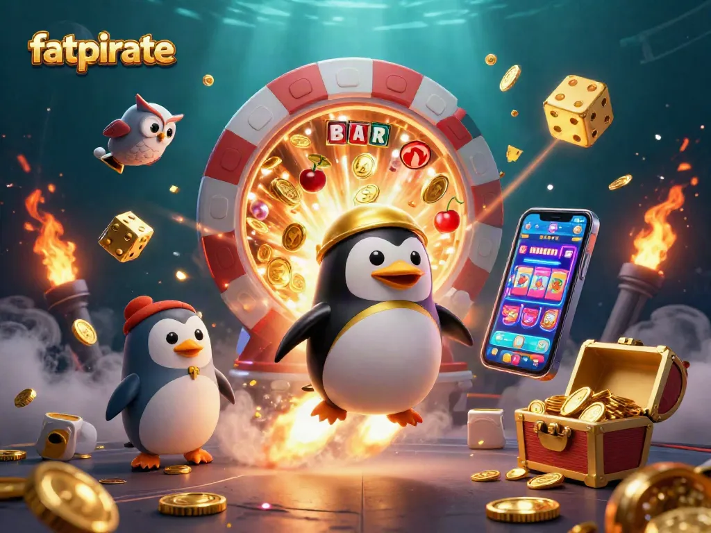 Experience the thrill at fatpirate with colorful slots and gold coins in a vibrant casino scene.