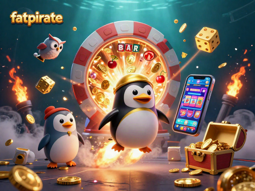 Experience the thrill at fatpirate with colorful slots and gold coins in a vibrant casino scene.
