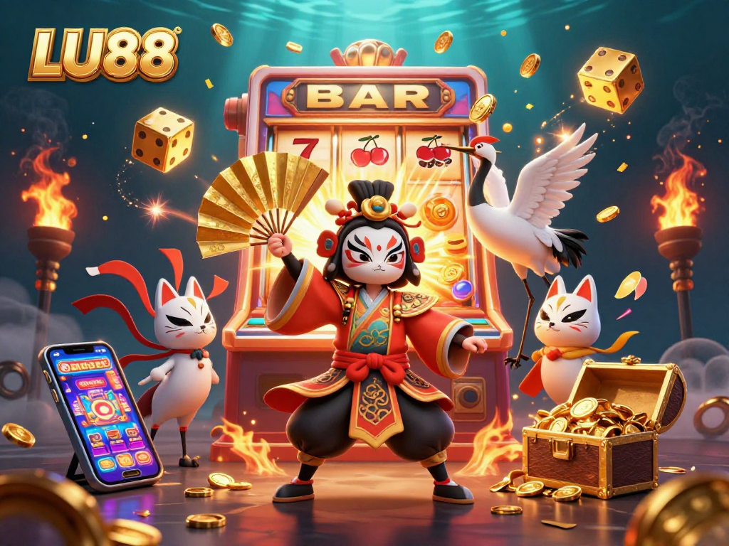 LU88 casino scene showcases vibrant 3D art with kabuki warrior and dynamic slot machine