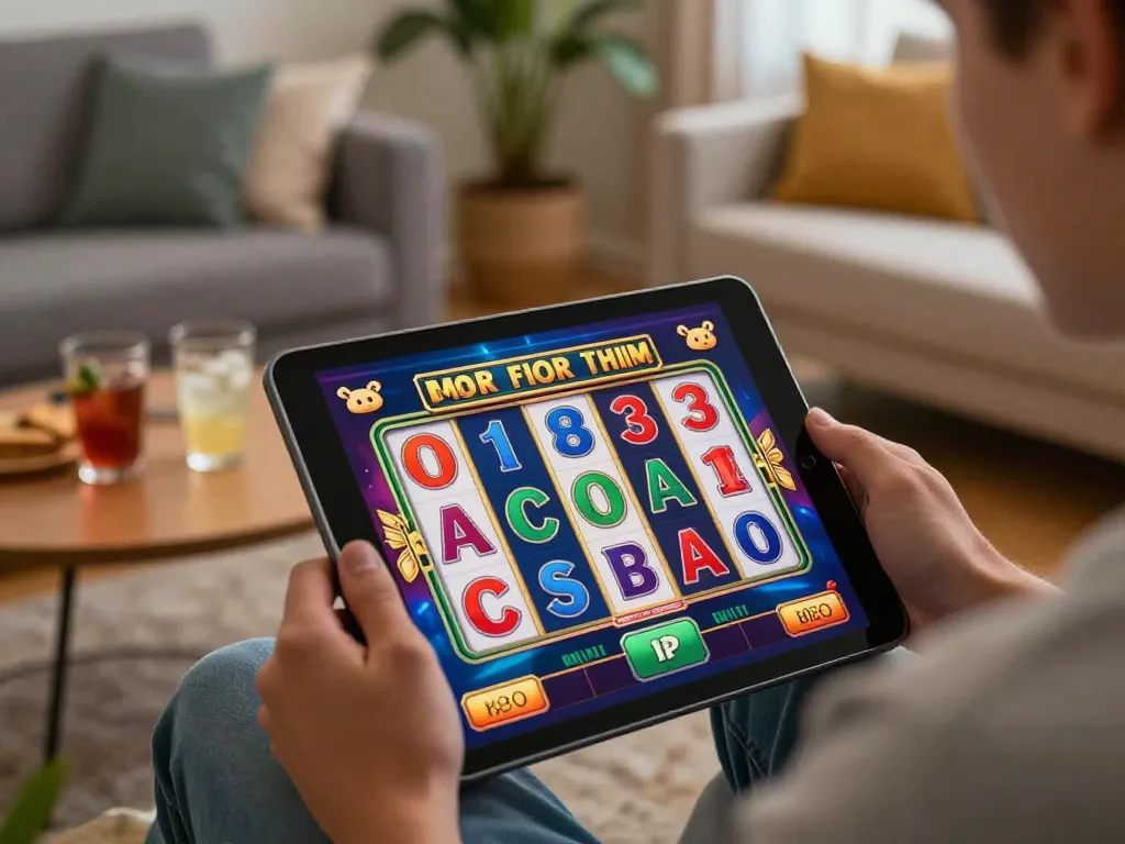 Fabet88 player enjoying a thrilling slot game on a tablet in a cozy home environment