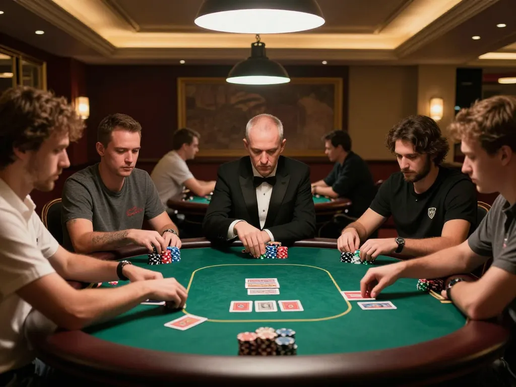 sc88 poker players strategizing in an upscale casino environment