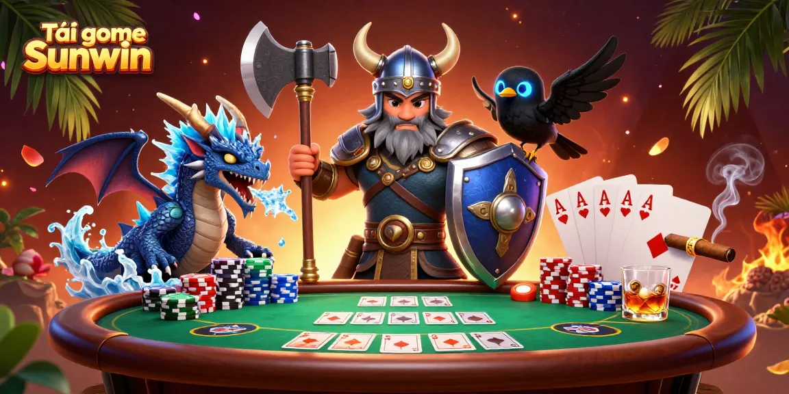 Tải game Sunwin with Viking wolf warrior and fierce dragon at a thrilling poker table