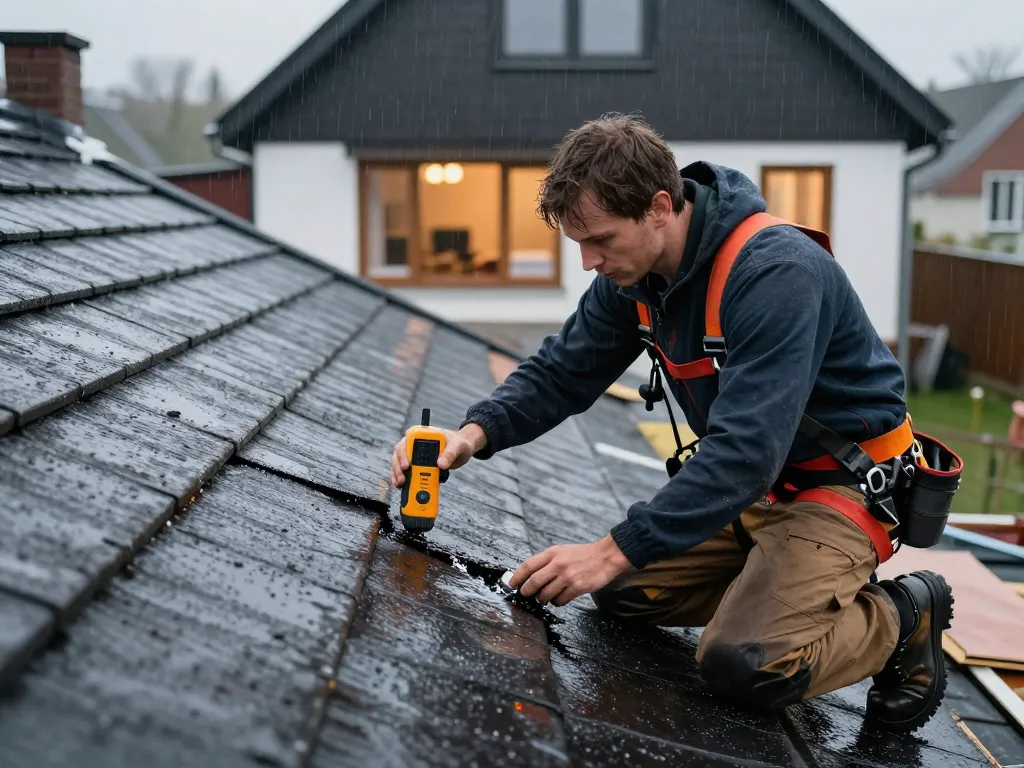 Daklekkage Deventer aanpakken met een ervaren dakdekker die een lekkend plat dak inspecteert tijdens de regen.