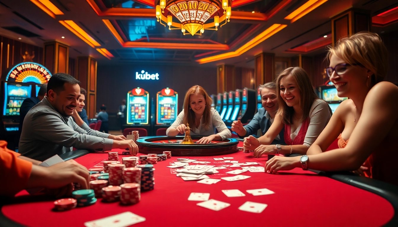 Exciting gambling action at kubet with vibrant casino table and joyful players.