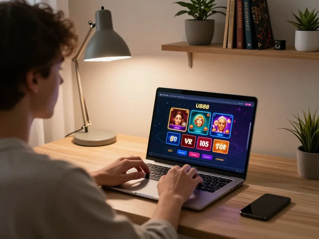 Engaged user playing U888 online casino games on a laptop in a cozy home office setting.