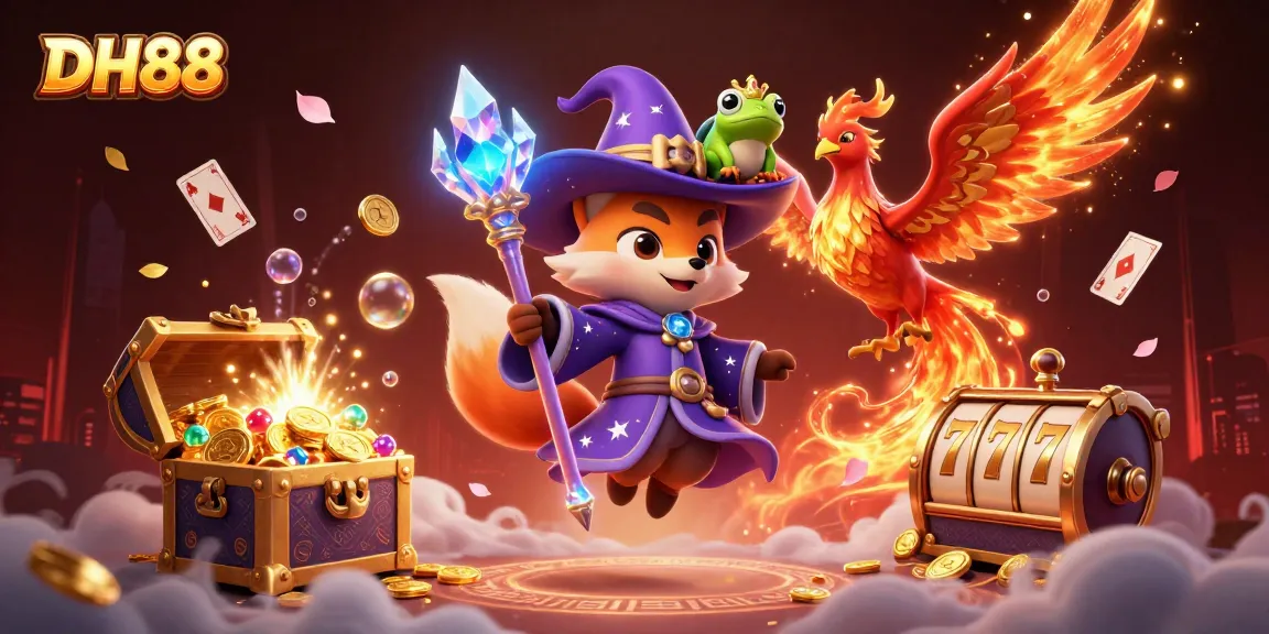 Win big with DH88 in a vibrant 3D casino scene featuring a wizard fox and phoenix.
