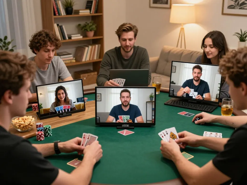 Players strategizing during an online poker game on VU88, highlighting camaraderie and competition.