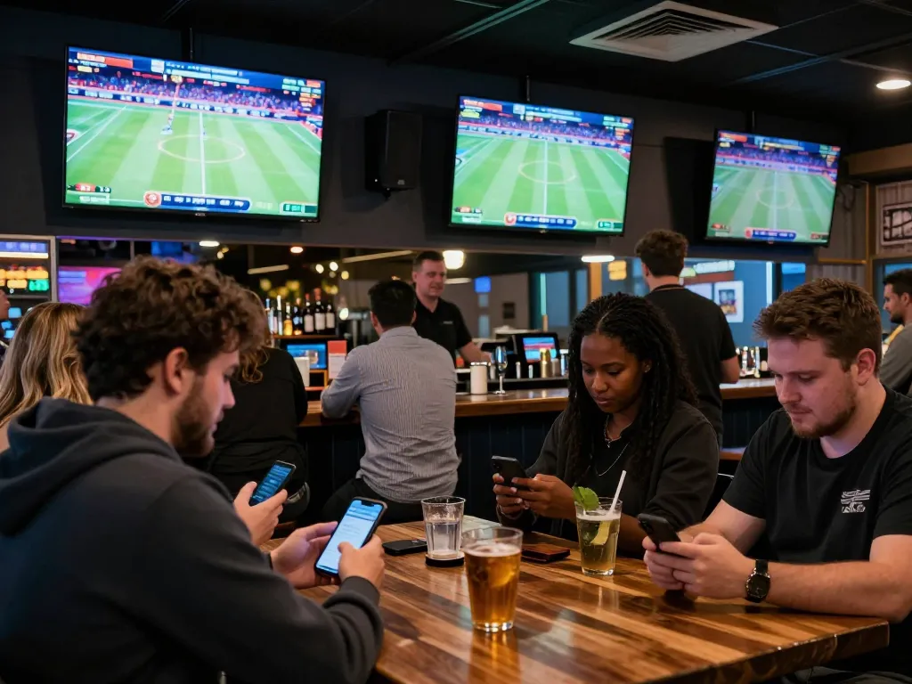kp88 patrons excitedly placing bets during live sports events at a lively sports bar.
