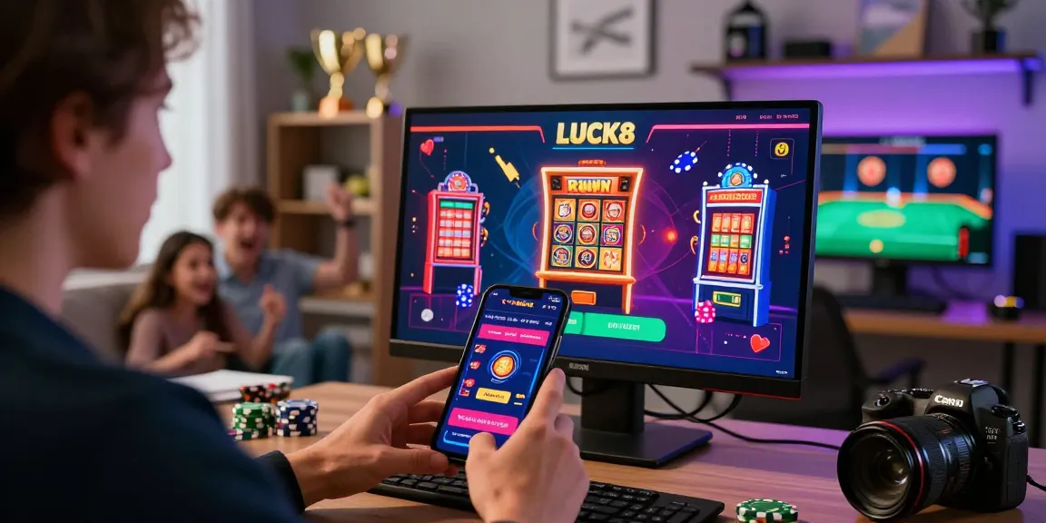 LUCK8 mobile gaming interface with dynamic graphics in an energizing home office setting.