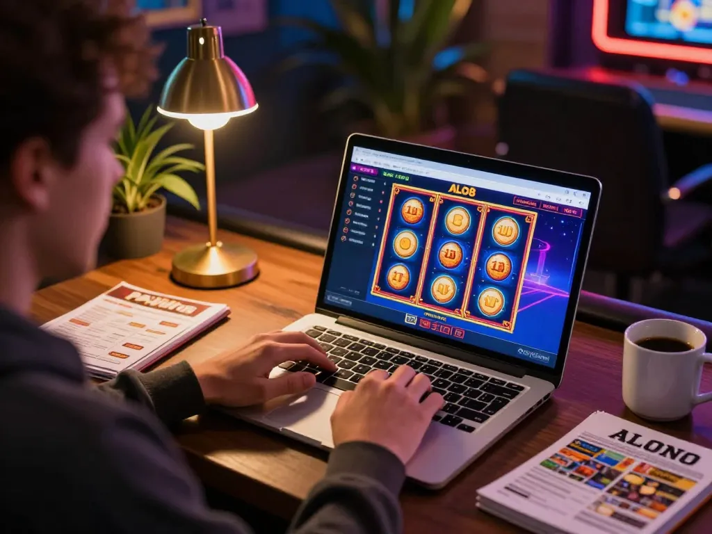 Player engaging with ALO8 online casino interface while sipping coffee and strategizing gameplay.