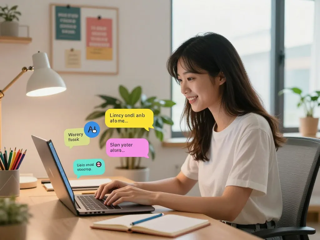 Young woman enjoying a lively conversation with spicy chat AI in a modern home office.
