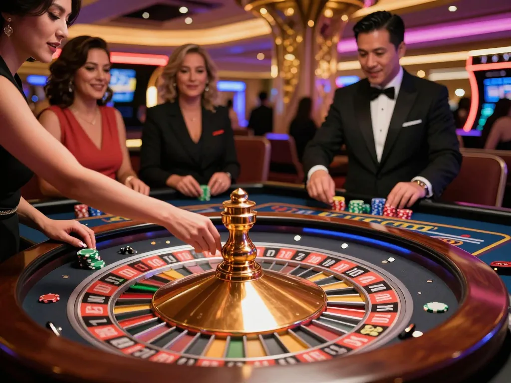 Engaged players at da88hq roulette table experience thrilling bets under vibrant casino lights.