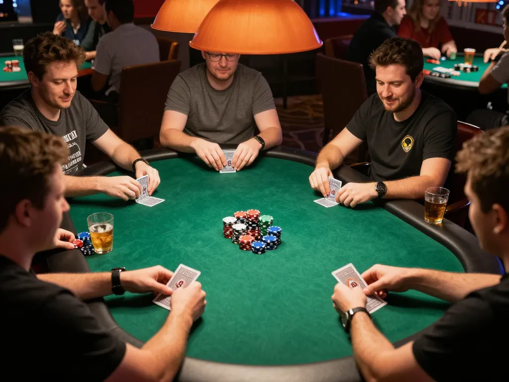 Players enjoy an exciting poker night at KO66, strategizing bets and sharing moments.