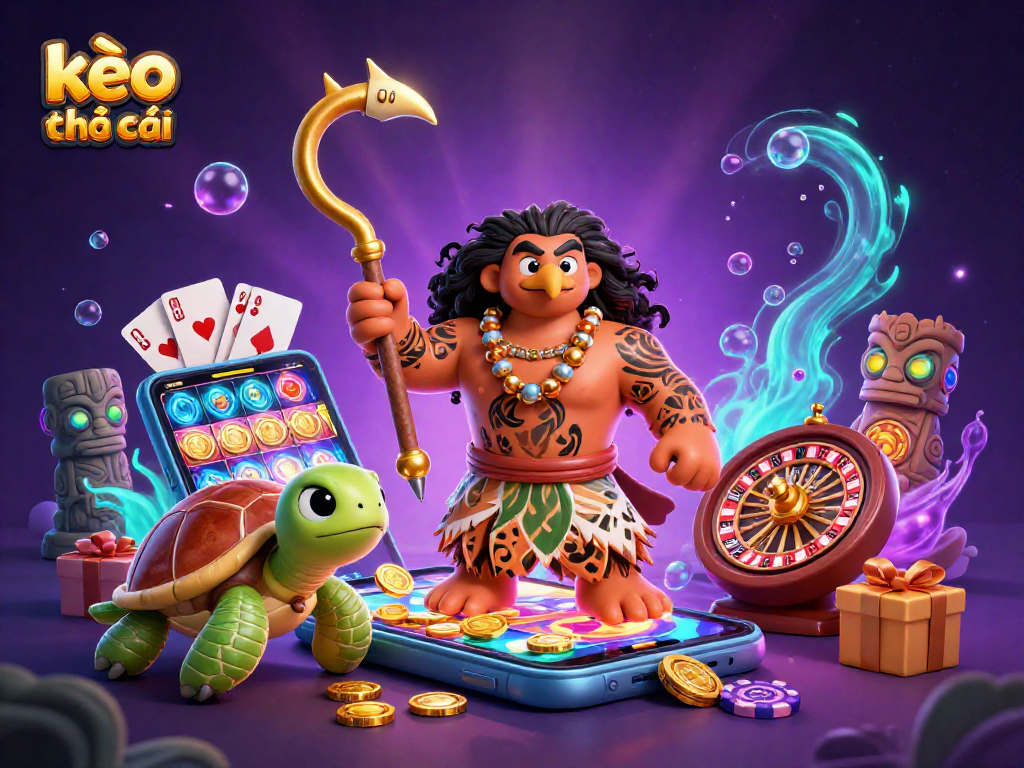 Engage with kèo nhà cái by exploring colorful slot games in this vibrant 3D casino scene.