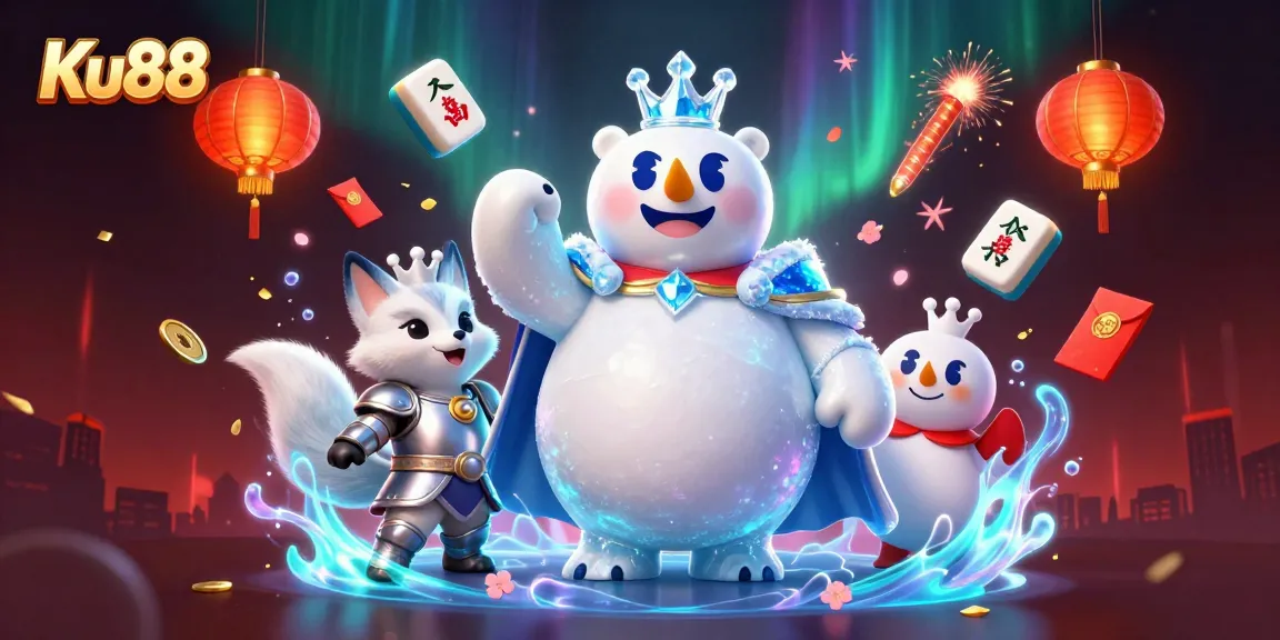 Experience thrilling gameplay at Ku88, featuring a captivating scene with a polar bear king and animated game elements.