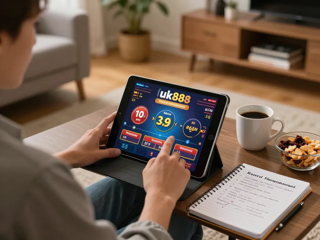 Player enjoying online casino games on Uk88 platform with a cozy home setup