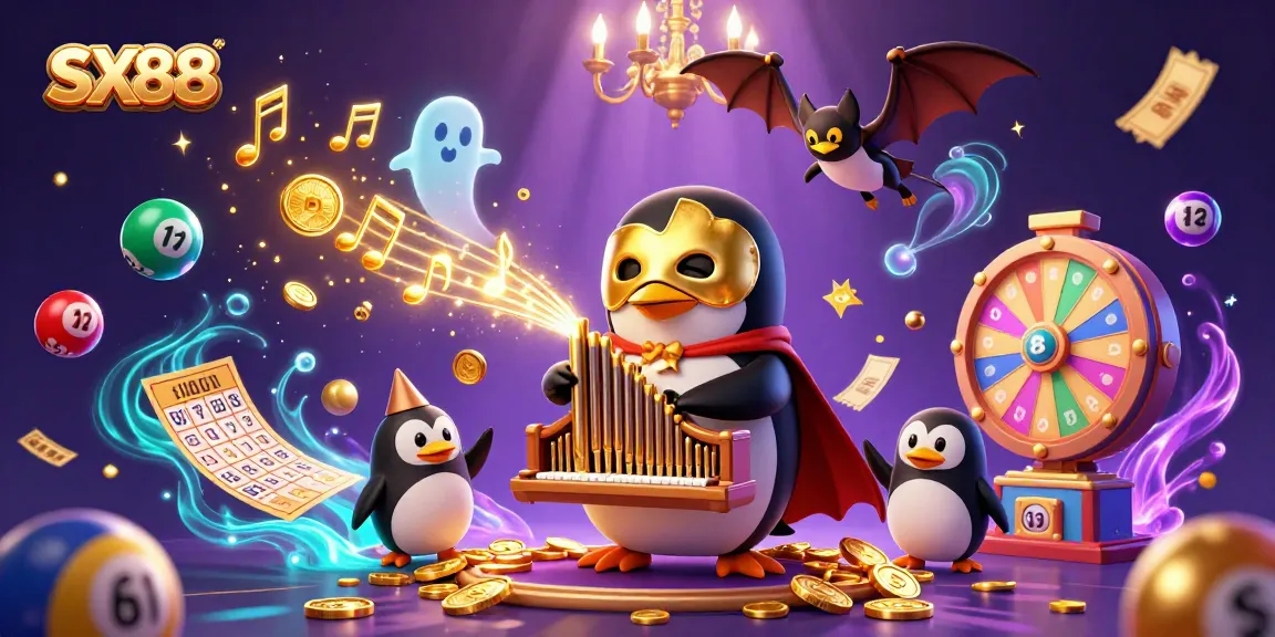 SX88 showcases a vibrant scene of a penguin playing organ, shooting coins amidst lottery excitement.