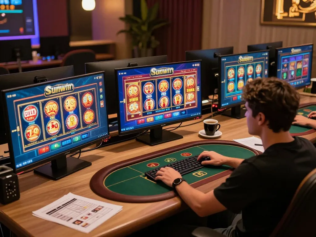 Player engaging with the Sunwin online casino interface, showcasing strategic gaming in a cozy environment