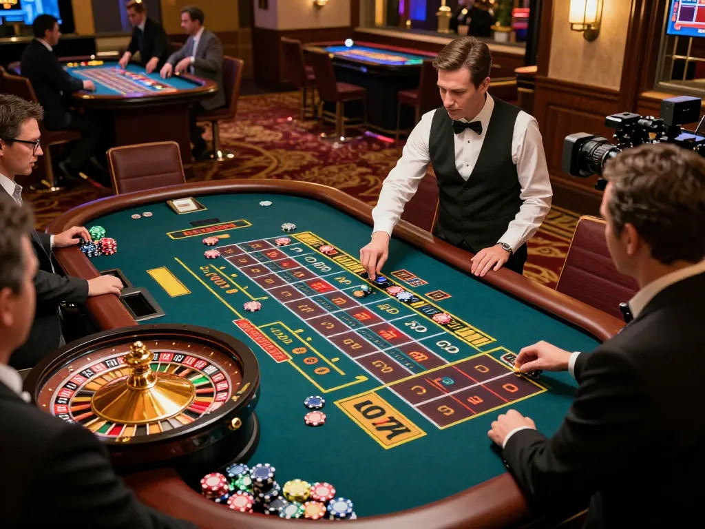 Experience game bài 98win at a lively roulette table with players actively placing bets in a vibrant casino.