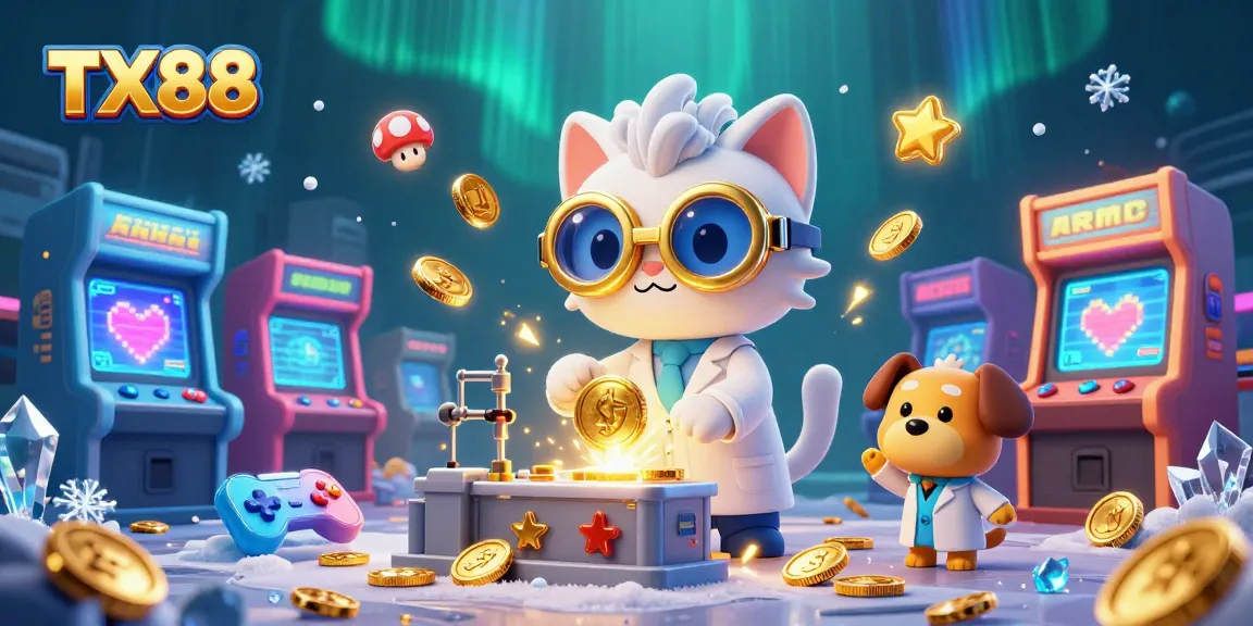 Engage with TX88's casino experience featuring a mad scientist cat amidst a vibrant gaming lab.
