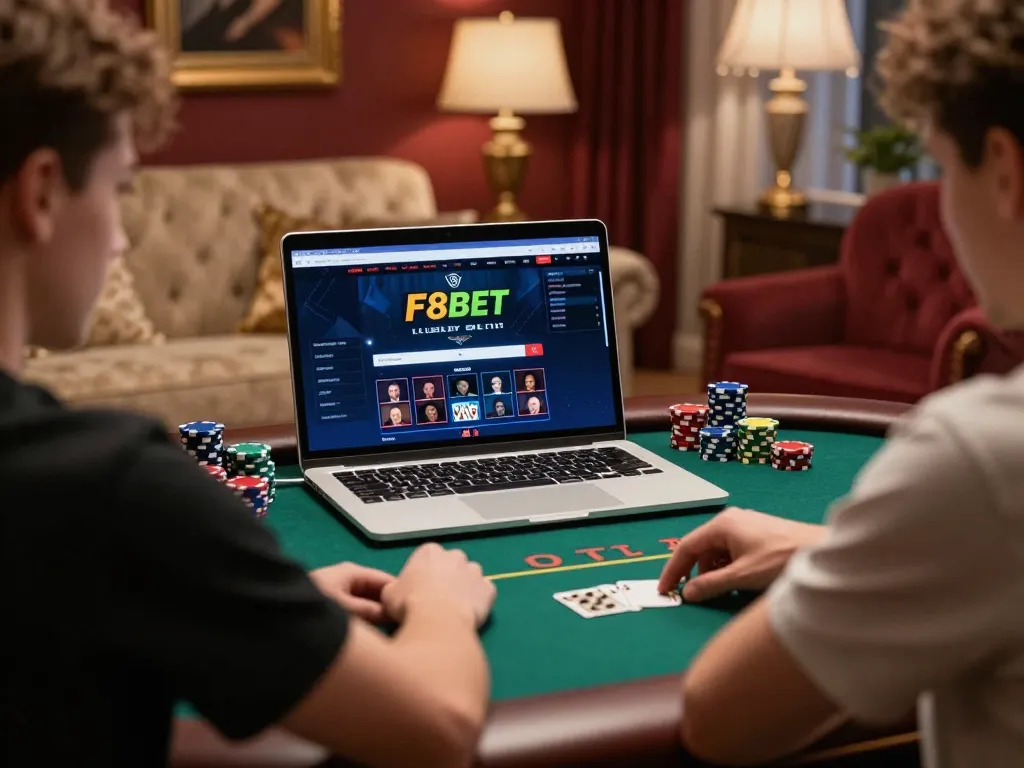 F8bet luxury player immersed in a strategic online poker game, showcasing relaxed yet focused gaming vibes.