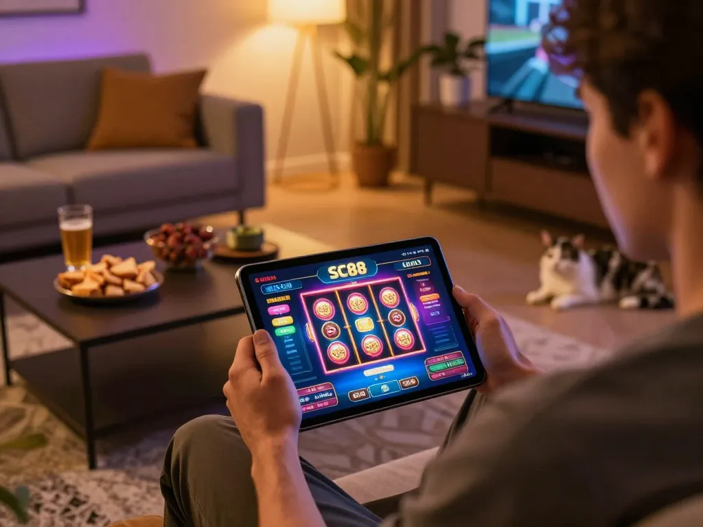 Engaged player enjoying SC88 Game on a tablet in a cozy home setting with ambient lighting.