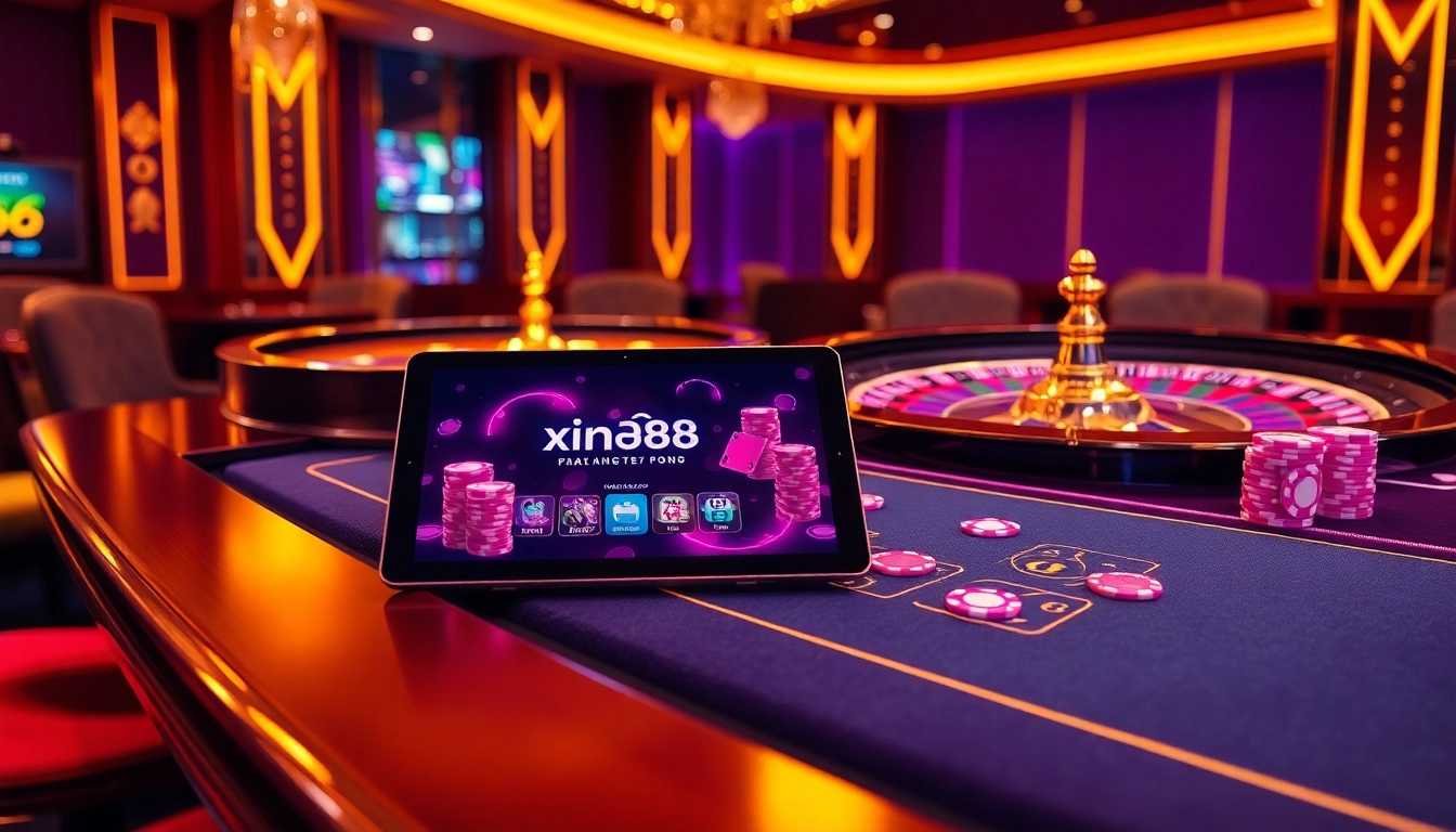 Players engaging with the xin88 online casino platform surrounded by vibrant casino elements.
