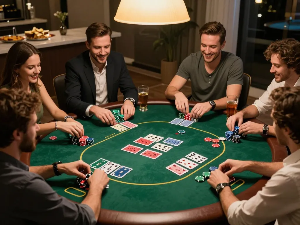 Engaged friends play Texas Hold'em during a home poker night, capturing social gambling excitement at https://Zbetat.com/.
