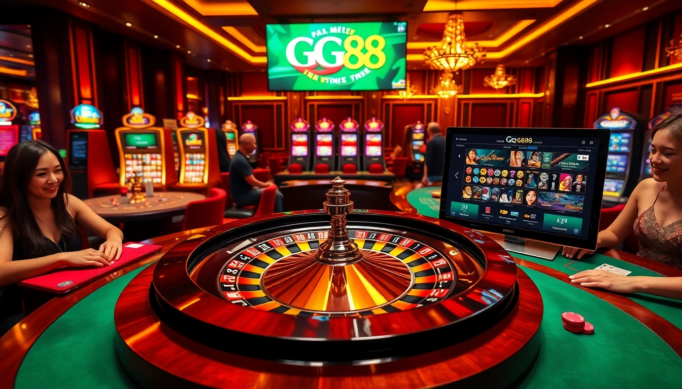 Players enjoying premium GG88 gaming experiences at an upscale casino with vibrant atmosphere.